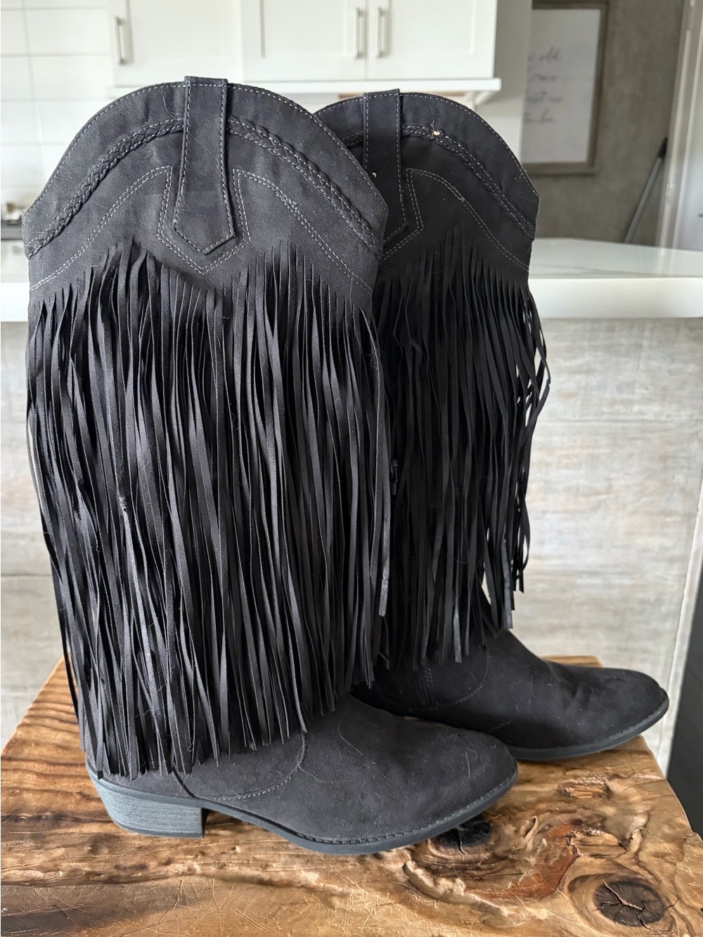 Fringed Western Knee-High Boots - Black